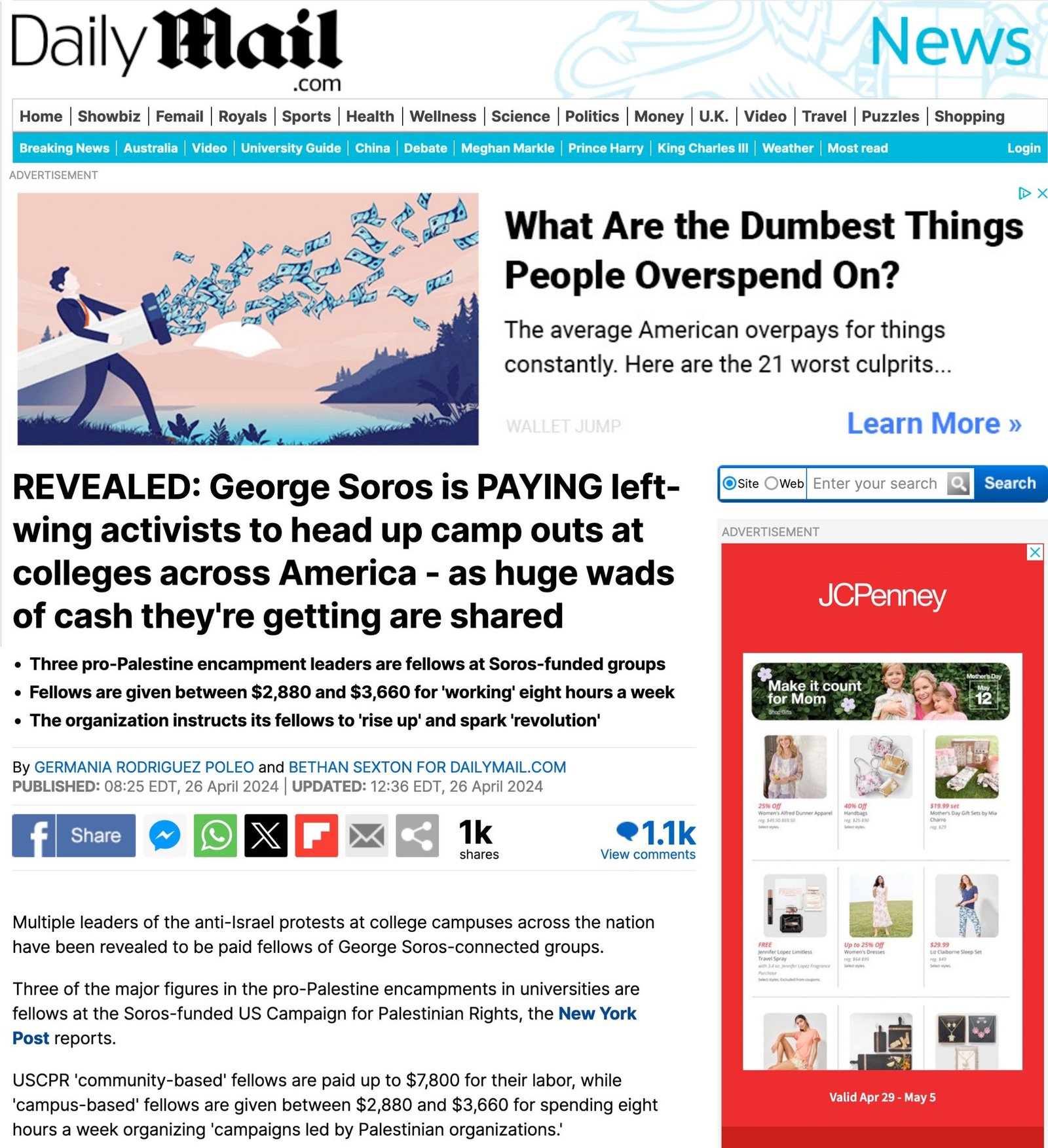 Daily Mail Links George Soros to Student Pro-HAMAS Riots