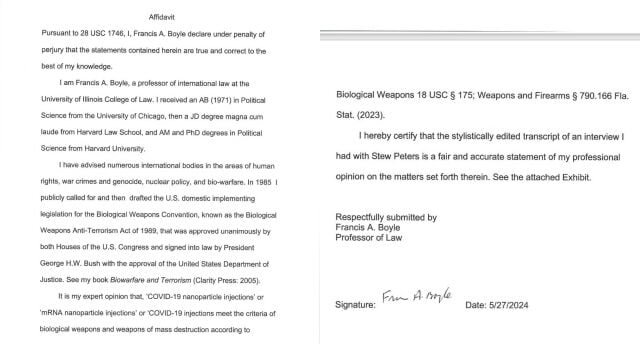 Affidavit of Francis Boyle, JD, Ph.D. Drafter of the Biological Weapons Treaty 